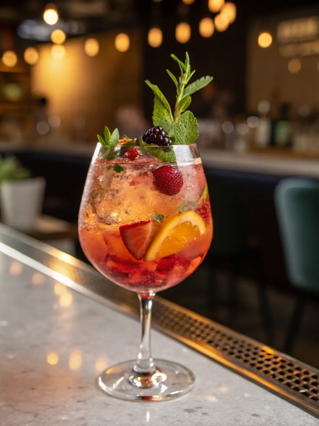 A close-up shot of the 'Royal Sundowner' cocktail, highlighting its deep red hue, garnished with a sprig of rosemary and a lemon twist, served in a sophisticated crystal glass.