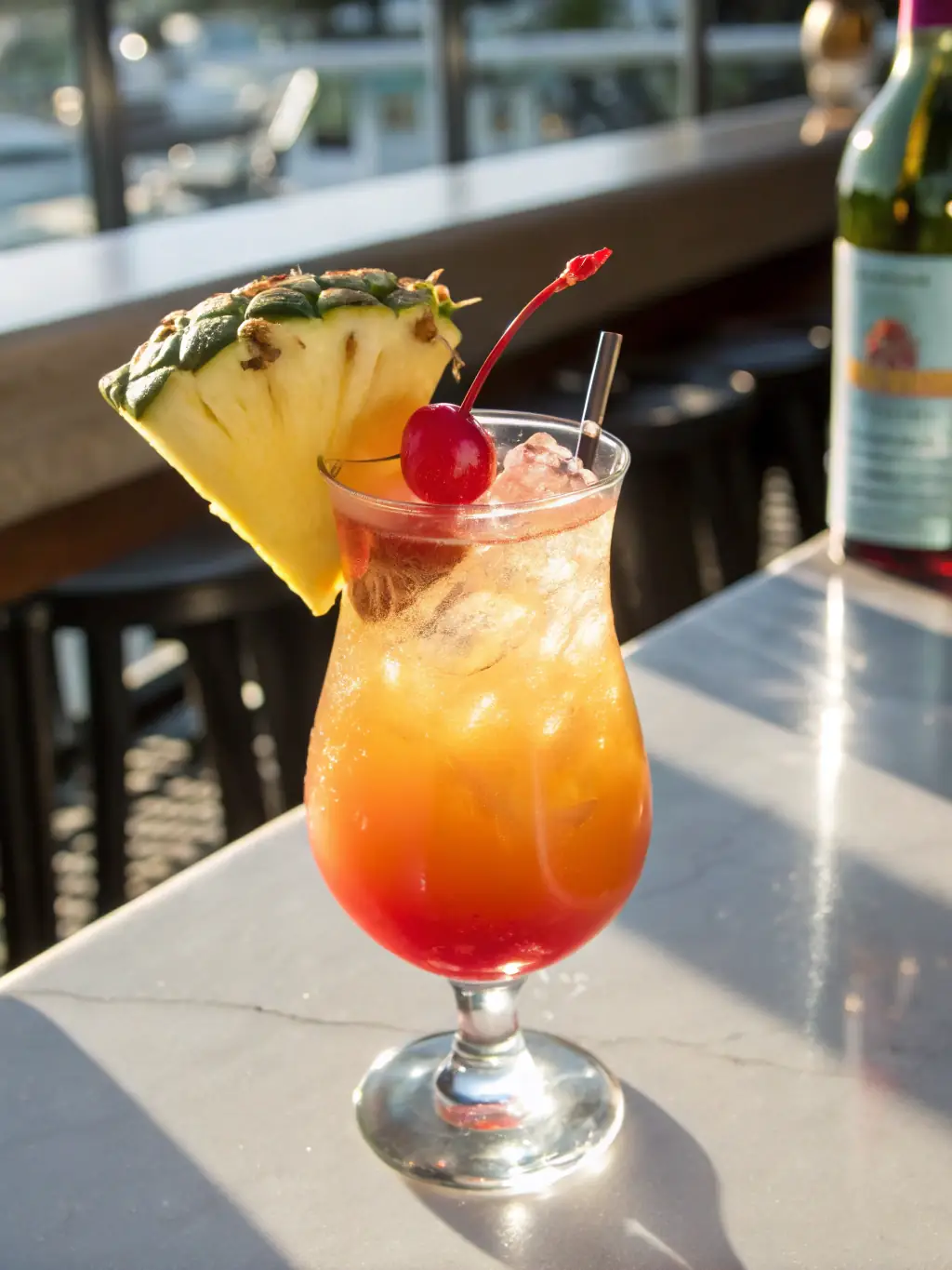 A vibrant image of the 'Safari Sunset' cocktail, showcasing its layered colors of orange, red, and yellow, garnished with an orange slice and a cherry, set against a backdrop of a warm, sunny safari landscape.
